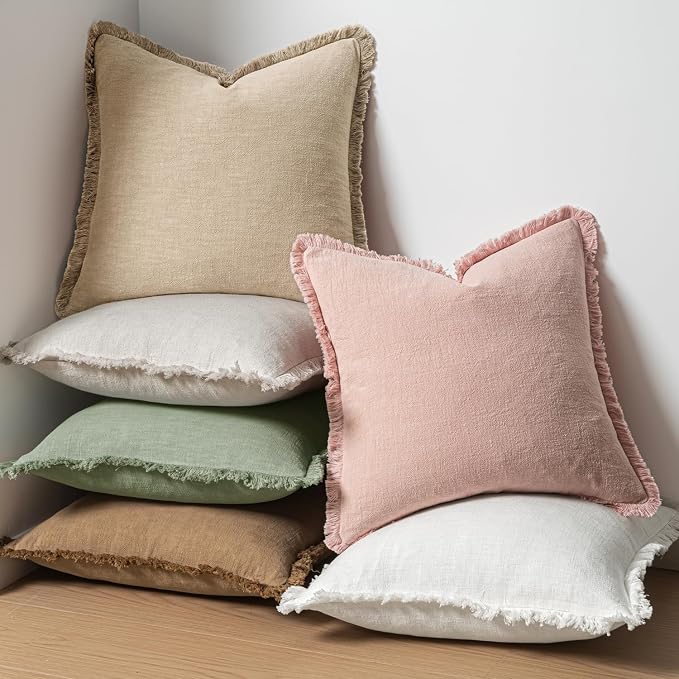 MIULEE Linen Fringe Decorative Euro Throw Pillow Covers Sage Green 24x24 | Set of 2, Cottagecore Decor, Boho Farmhouse Neutral Pillow Covers, Rustic Couch Cushion Cases for Sofa Bed Living Room