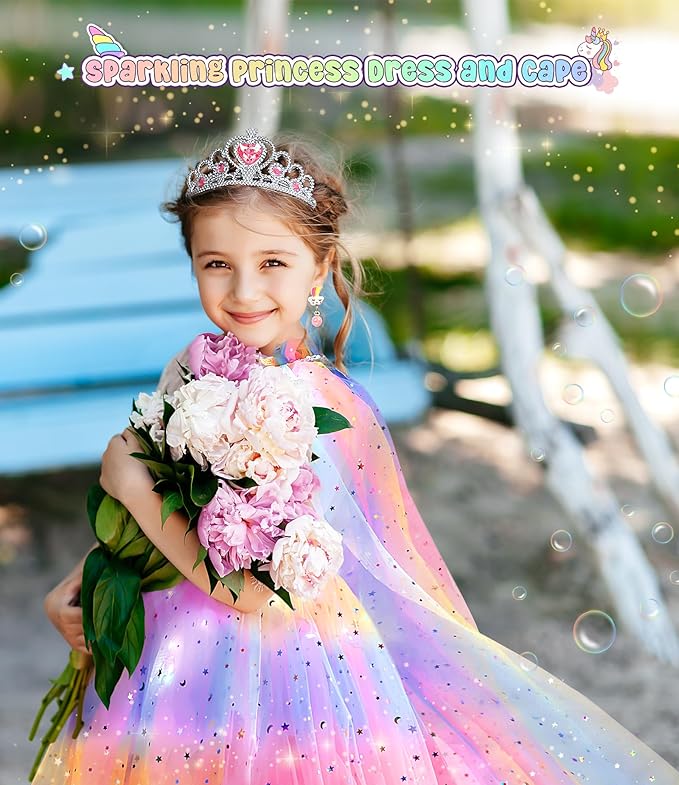Light up Princess Dress up Clothes for Little Girl, Unicorn Princess Cape Princess Dresses Crown Toy for 3 4 5 6 Girls