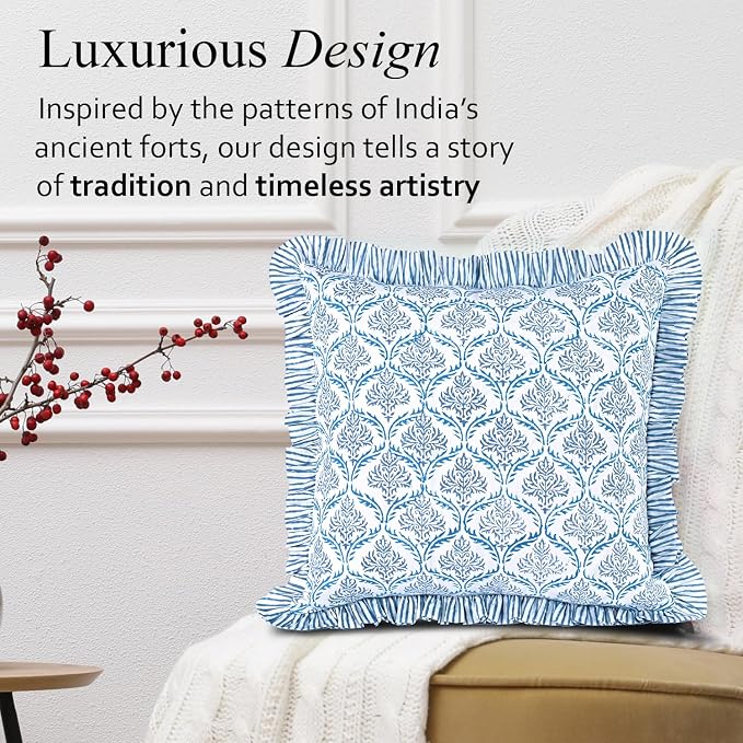 CPC Indigo Regal Hand Block Print 100% Cotton Ruffle Throw Pillow Cover 24x24 inch with Hidden Zipper Decorative for Couch, Bed, Sofa, Farmhouse, Cottagecore Decor Gift Christmas Fall Thanksgiving