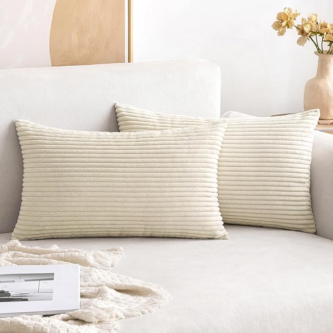 MIULEE Lumbar Soft Corduroy Throw Pillow Covers Set of 2 12x20 Cream White | Decorative Striped Textured Cushion Cases, Boho Pillowcases Neutral Home Decor, for Couch Chair Sofa Bed Living Room
