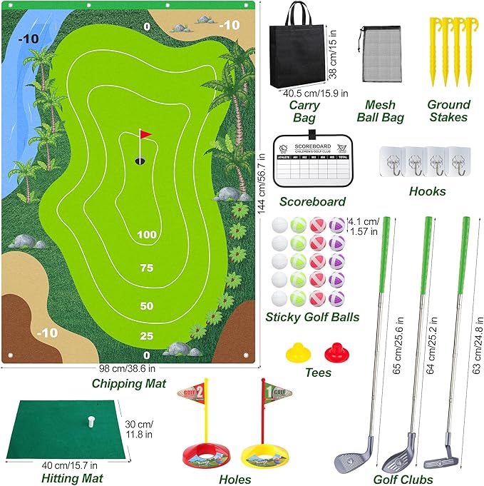 Liberry Kids Golf Set for 3 4 5 6 7 Years Old Boys Girls, Golf Chipping Game with Golf Mat, Sticky Balls, Storage Bag, Retractable Golf Clubs Indoor Outdoor Sports Toy Gift Toss Game(Grey)