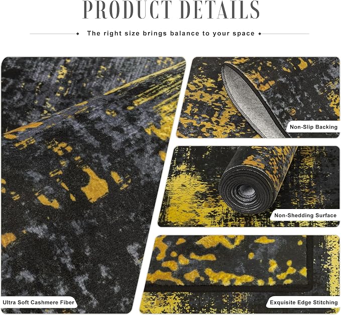 Washable Area Rug 3x5 Entryway Rug: Washable Modern Abstract Soft Thin Rug Indoor Floor No Slip Carpet for Bedroom Dining Room Farmhouse Nursery Home Office - Dark Black Gold