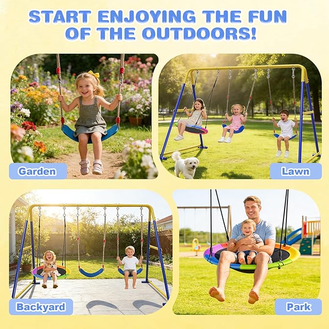 3-in-1 Swing Set for Backyard for Kids, with 1 Platform Swing, 2 Belt Swing, 600lbs Metal Swing Set for Toddler, Heavy-Duty Swing Stand w/8 Ground Stakes, Outdoor Swingset for Kids Adults (Blue)