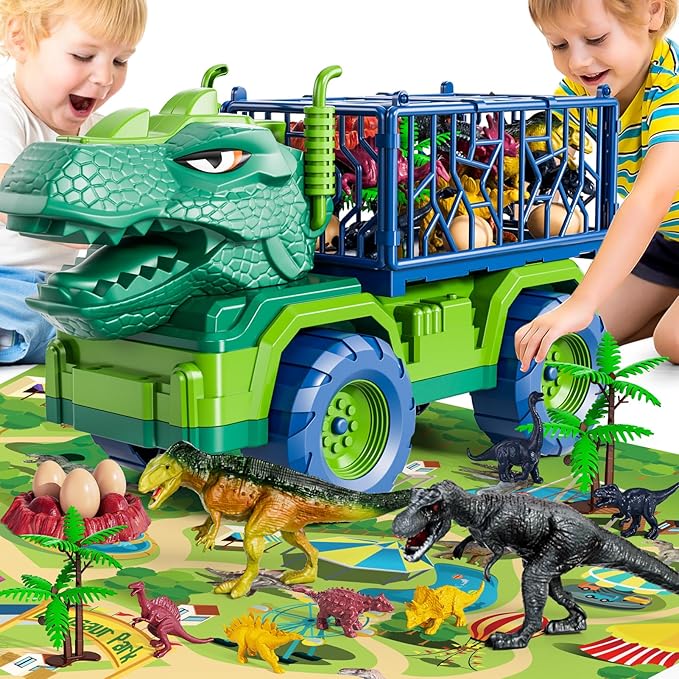 Dinosaur Truck for Kids 2-4, Dinosaur Action Figure Toys for Toddler 3-5 with 8 Dinosaur Figures, Play Mat, Egg, Tree, T-Rex Transport Car Carrier Birthday Gifts Toys for Boys 2 3 4 5 6 Year Old