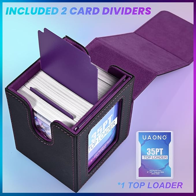 UAONO Card Deck Box with MTG Commander Display, Deck Case Holds 100+ Double-Sleeved Cards, Trading Card Storage Box Fits TCG/PTCG/Sports Card with 2 Dividers, 1 Top Loaders (Black, Purple)