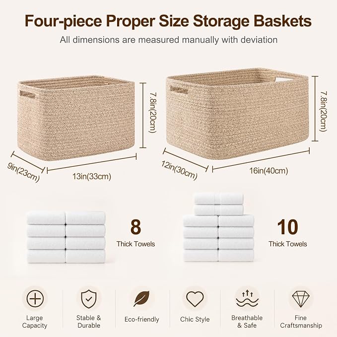 OIAHOMY 4 Pack Storage Baskets for Organizing, Cube Storage Bins for Shelves, Rectangle Storage Baskets With Handles, Woven Baskets for Storage, 12.7''Lx9''Wx7.8''H, Grey