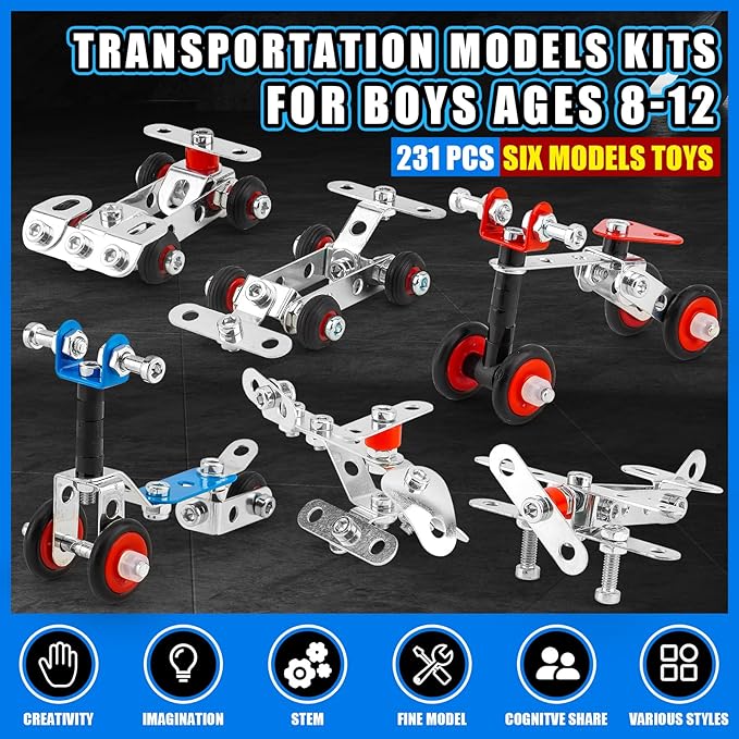 Erector Set Metal Transportation Toys,231 Pcs Cars, Airplane&Bicycle 6 Metal Model Set,Building Kits for Boys 8-12,Stem Project Building Assembly Vehicles,Christmas Toddler Kids Boys Gifts