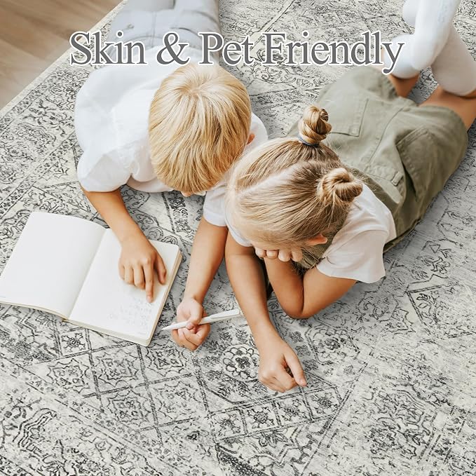Soalmost 6x9 Area Rug for Living Room Washable Non-Slip Rugs Light Gray | Low-Pile Vintage Carpet for Dining Bedroom, Foldable Thin Stain Resistant Floor Mat Under Table Home Office Nursery Decor