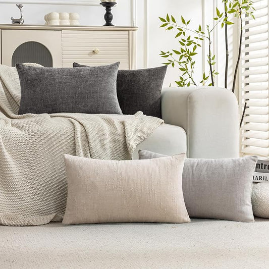 Set of 4 Soft Textured Decorative Throw Pillow Covers 12x20 Inch Cozy Farmhouse Cushion Cover Square Accent Pillow Cases for Bed Couch Sofa Living Room, Grey Series