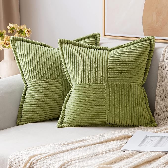 MIULEE Decorative Throw Pillow Covers for Couch 18x18 Inch Green 2 Pack | Boho Broadside Striped Patchwork Pillow Covers, Soft Corduroy Cushion Cases, For Sofa Bed Livingroom Home Decor