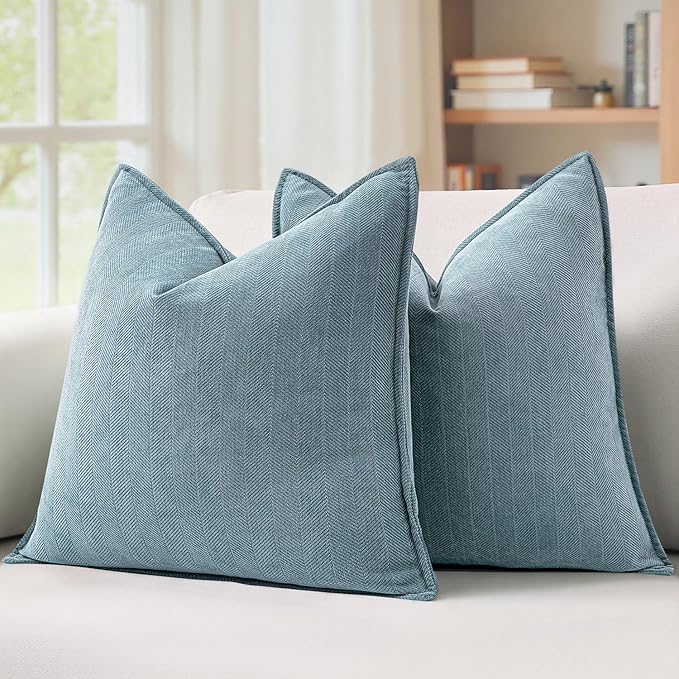 MIULEE Pack of 2 Dusty Blue Decorative Chenille Pillow Covers 18x18 Inch | Soft Couch Throw Pillows,Farmhouse Cushion Covers with Elegant Design for Sofa,Bedroom,Living Room,Spring Home Decor