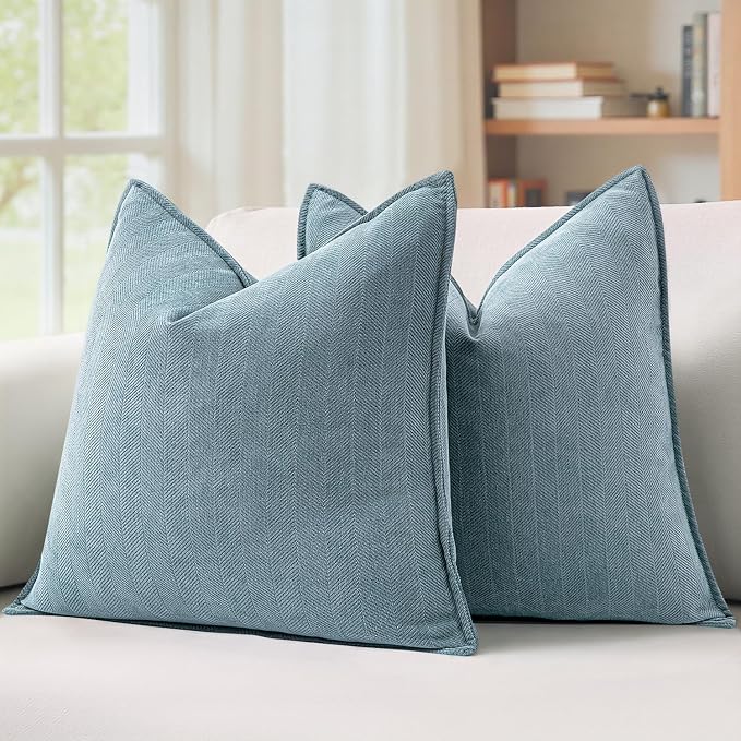 MIULEE Pack of 2 Dusty Blue Euro Shams Chenille Pillow Covers 22x22 Inch | Decorative Soft Couch Throw Pillows,Farmhouse Cushion Covers,Elegant Design for Sofa,Bed,Living Room,Summer Decor