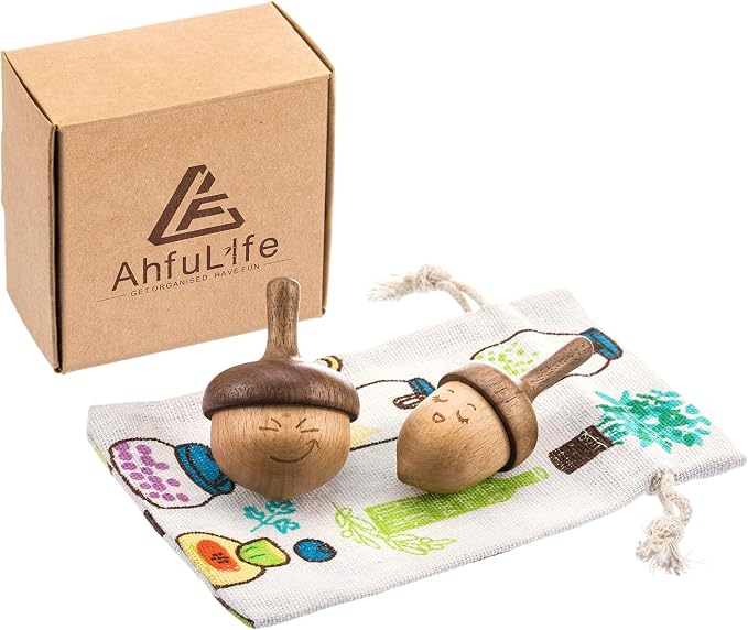 AhfuLife Wooden Spinning Top, Forever Spinning Top with Cute Facial Expression, Wood Physics Relaxation Handmade Gift (Pack of 2)