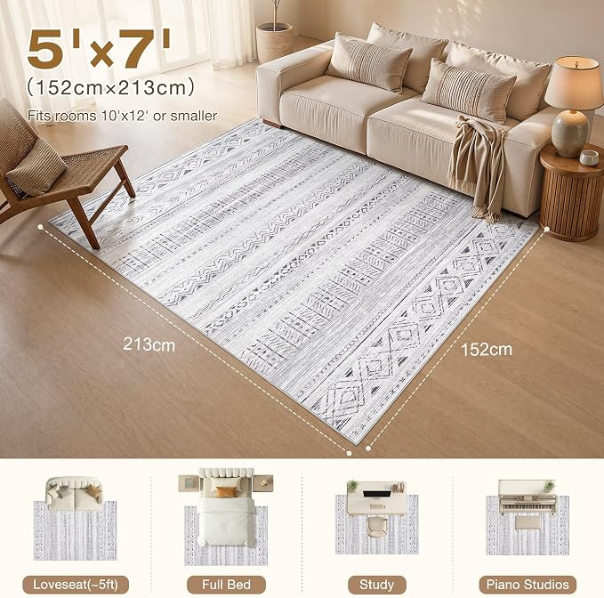 cotiled 5x7 Area Rugs Living Room Rug: Washable Boho Rugs with Non Slip Backing Large Soft Indoor Stain Resistant Carpet for Bedroom Farmhouse Dining Room Lightweight Home Decor Dark Grey
