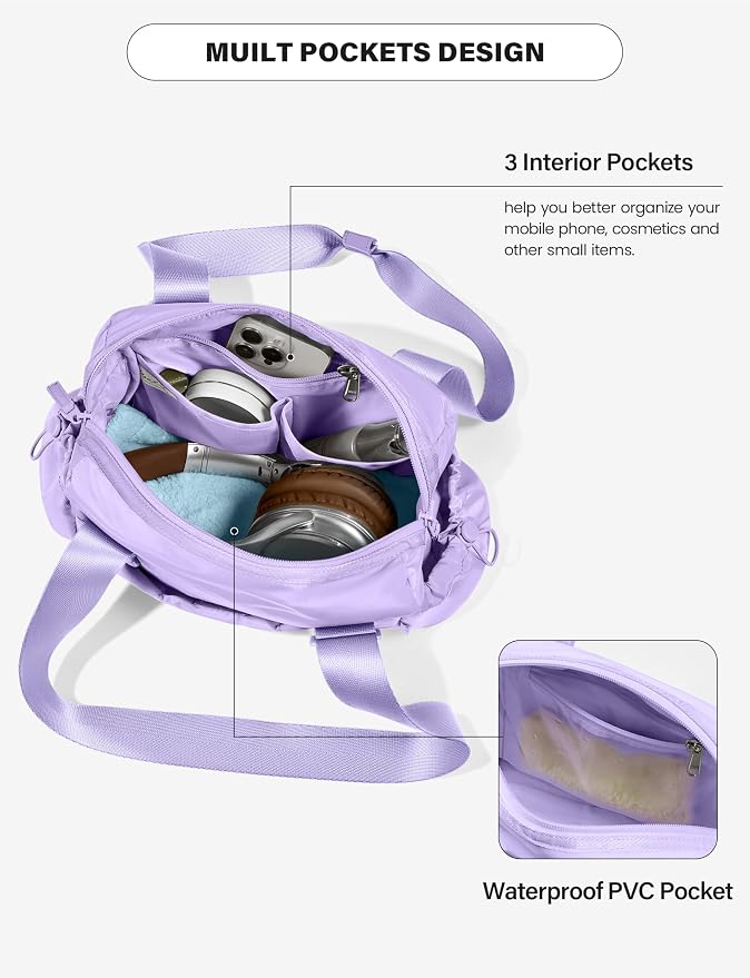 Uselike Small Gym Bag for Women, 7L Mini Duffle Bag for Travel, Lightweight Quilted Puffer Bag for Daily, Cute Shoulder Bag for Dance with Wet Pocket (Lavender Purple)