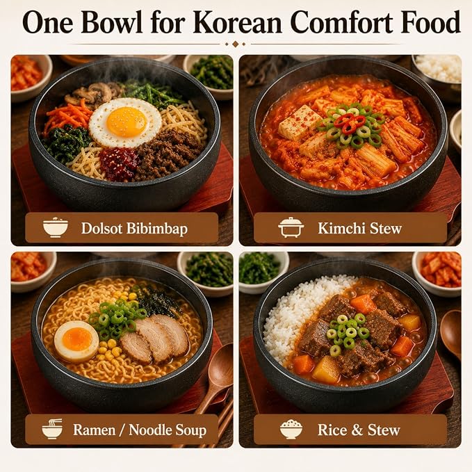 XICHENGSHIDAI Cast Iron Dolsot Bibimbap Bowl, 31 Oz, Wooden Base | Heat-retaining Korean bowl for sizzling rice, bibimbap, soup and stew; includes a wooden base for convenient table serving.