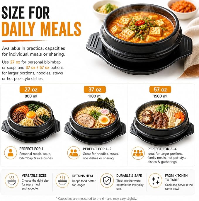 XICHENGSHIDAI Korean Stone Bowl, Dolsot with Tray, 27 Oz, Black | Heat-retaining bowl with tray for bibimbap, soup, stew and ramen; suitable for gas stovetops and ovens, not induction.