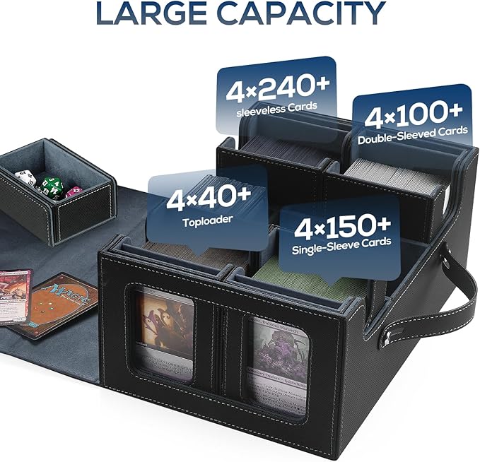 Trading Card Storage Box for MTG, MTG commander deck box，Multi-purpose Deck Case for MTG TCG Sports Card, 4 Toploaders, 4 Stoppers, 4 Colorful Dividers (Black & Grey)
