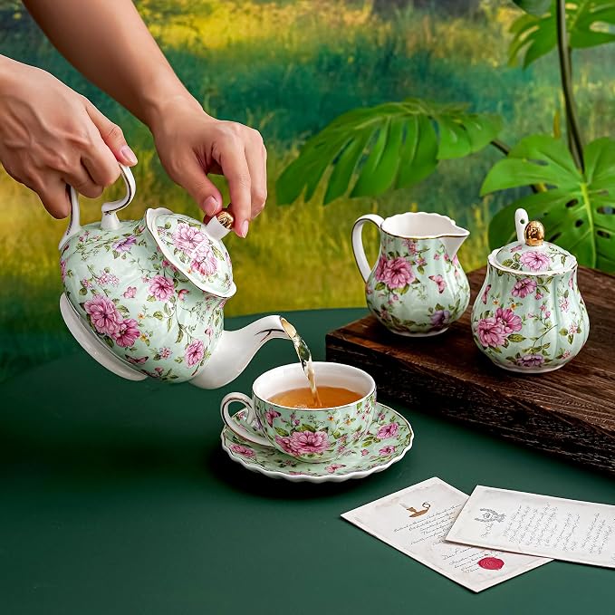 Agyiuns Flower Ceramic Teapot,22oz Porcelain Tea pot for Tea Coffee Milk for Office Home Men Women as Gift (Green)