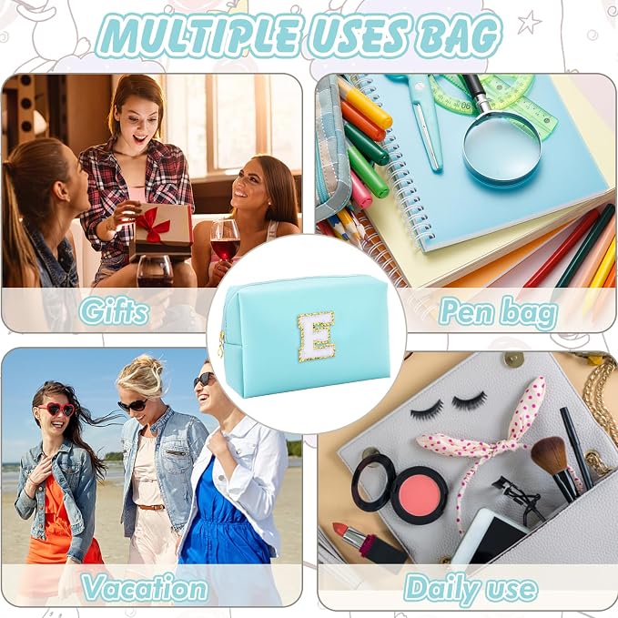 URSKYTOUS Gifts for Girls Initial Makeup Bag Personalized Cosmetic Bag with Zipper Cute Travel Toiletry Bag Waterproof PU Preppy Makeup Pouch Birthday Gift for Teen Girls Women(Blue E)