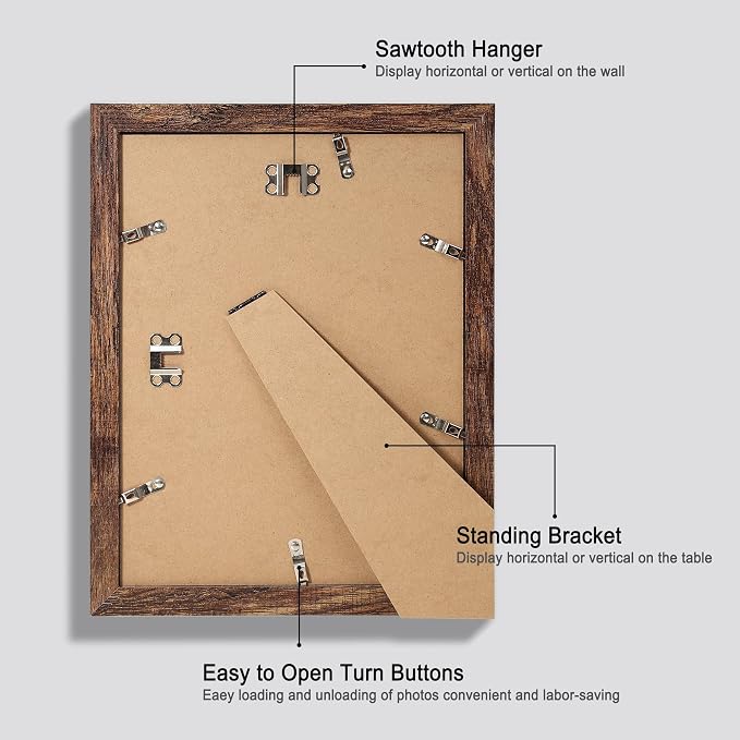 Hongkee 9x12 Picture Frame Set of 4, Made of Glass and Rustic Brown Wooden Frame - Display Picture 6x8 with Mat or 9 x 12 Without Mat, 9 by 12 Photo for Wall or Tabletop