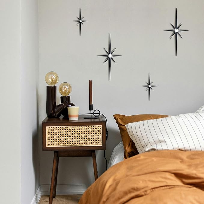 4 Pcs Star Wall Art for Home Decor Living Room Bedroom Office Metal 3D,Bling,with Hanging Hook Starburst Midcentury Sculpture Retro Gallery Accent Celestial -Black 16.5in/9.4in