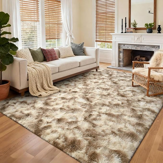 6x9 Ft Large Shag Rugs for Living Room Decor, Tie-Dyed Ultra Soft Fluffy Furry Area Rugs for Bedroom Indoor Floor, Aesthetic Carpet for Kids Home (Khaki)