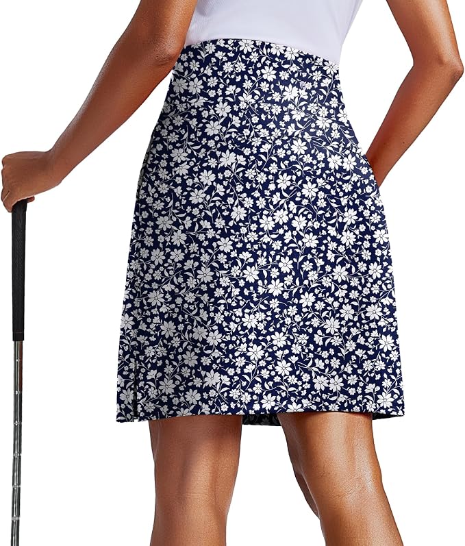 PINSPARK 20" Skorts for Woman Knee Length UPF 50+ Golf Skirts | 4 Pockets, Built-in Shorts, High Waisted, Split Hem, Silky-smooth, Moisture-wicking, for Golf Athletic Tennis Workout Casual