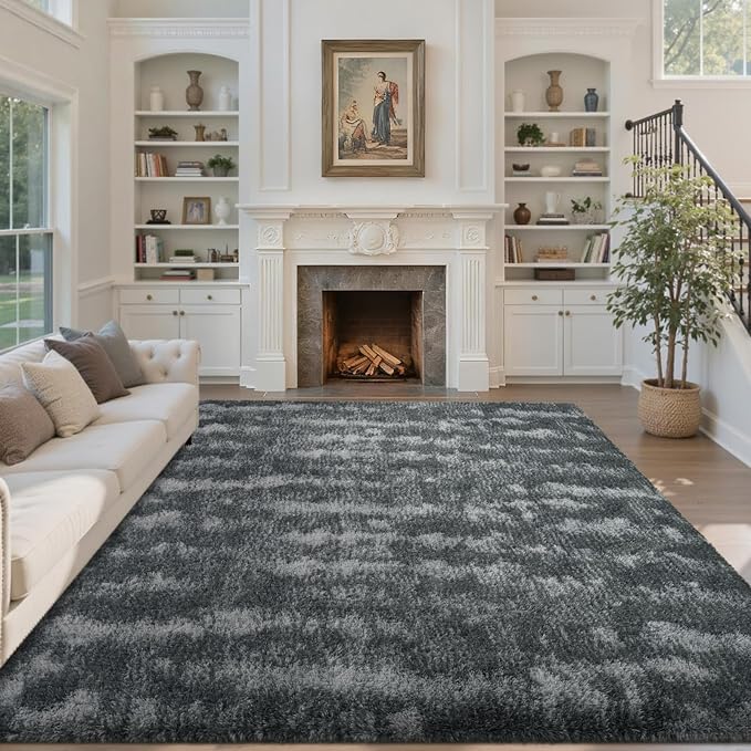 5x7 Ft Large Shag Rug for Living Room Bedroom,Tie-Dyed Ultra Soft Fluffy Furry Area Rug, Aesthetic Carpet for Indoor Floor Home Decor (Dark Grey)
