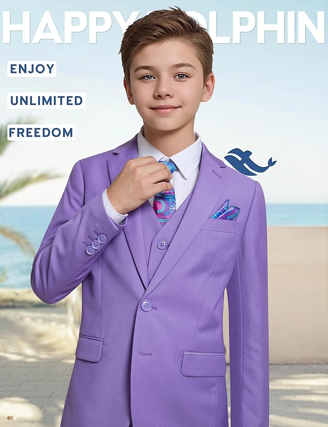 Happy Dolphin Boys Suit Set Modern Fit Kids Suits Adjustable Waist Boys Wedding Outfit for Boy Communion Suits for Boys