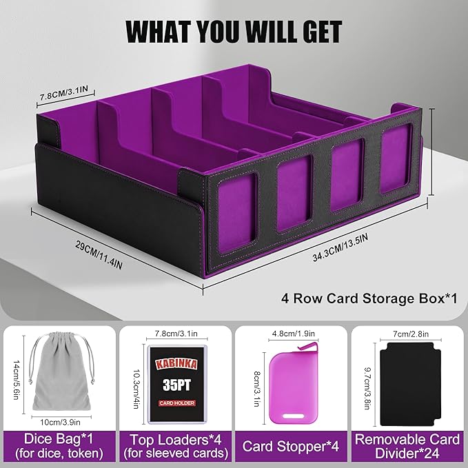 Trading Card Storage Box with Commander Display , 4-Row Deck Case with Removable Lid; 2400+ Card Deck Box for MTG TCG Sports Card, 4 Top Loaders, 4 Stoppers, 24 Dividers,1 Dice Bag (Black Purple)
