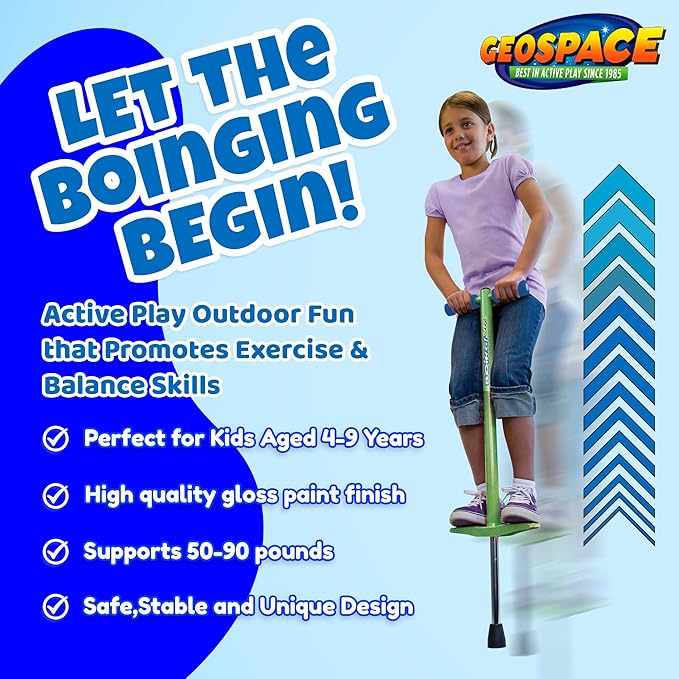 Geospace Jumparoo Boing! JR. Steel Pogo Stick for Kids of 50-90 lbs Weight by Air Kicks, Small Size Pogo Stick-Active Outdoor Fun Toy for Boys and Girls for Exercise, Balance,Coordination (Purple)