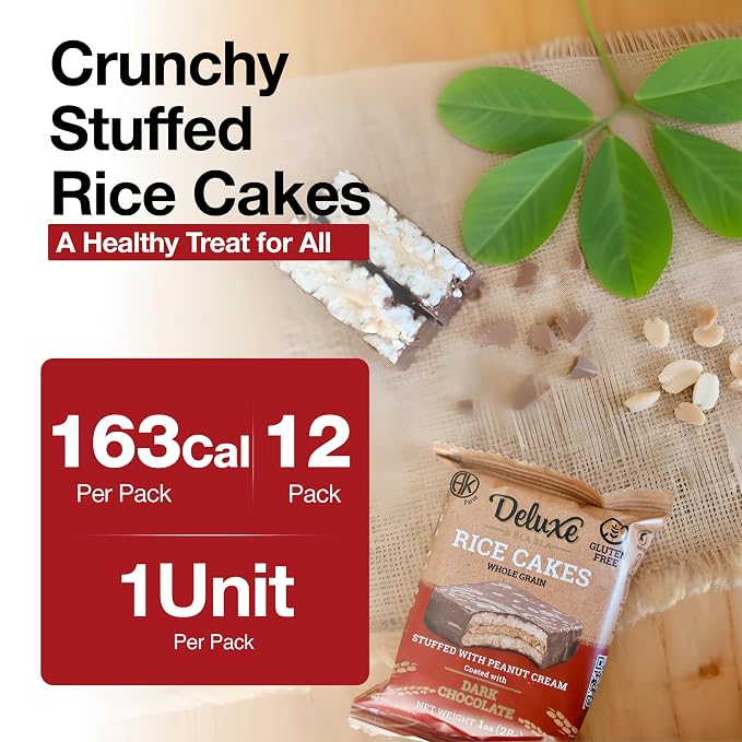 Deluxe & Bla Bla Stuffed Rice Cakes - Whole Grain Chocolate Rice Cake,Gluten Free,Low Calorie,(Alfajor) Kosher Certified - Peanut Filled Rice Cakes coated with Dark Chocolate, 28g Each (12 Pack)
