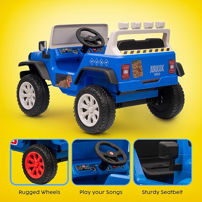 Jurassic - 12V Kids Ride On with Rechargeable Battery, LED Headlights, Press-Button Start, Durable Wheels, Forward & Reverse Drive, Contoured Seat