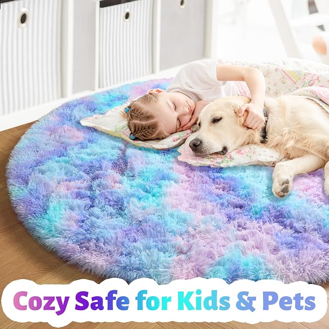 Amdrebio Purple Rainbow Round Rug 5Ft for Bedroom Girls Room Decor, Mermaid Kids Rugs for Playroom Nursery Dorm Classroom, Fluffy Fuzzy Cute Shag Carpet, Soft Kawaii Circle Area Rugs for Baby Toddler