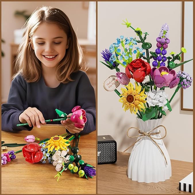 Flowers Bouquet Building Set, Botanical Collection Artificial Flower with Vase, Rose, Sunflower, Hydrangea, Jasmine for Home Decor, Plants Gifts for Mother's Day Anniversary Adults Women Girls