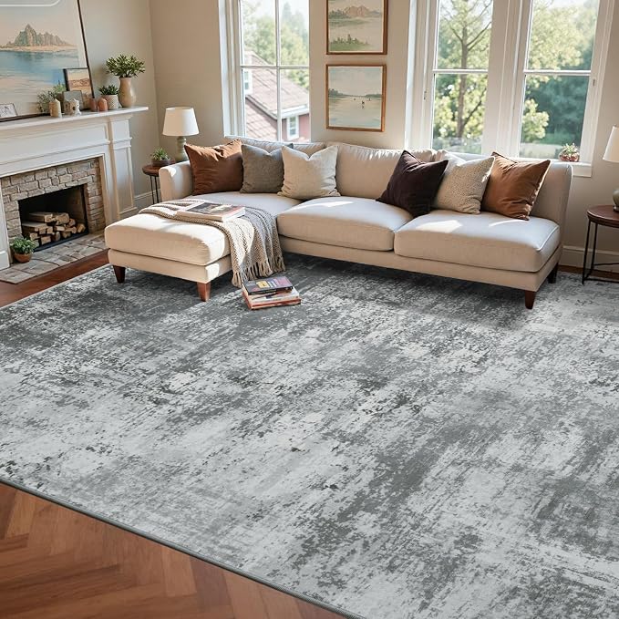 9x12 Ft Extra Large Washable Area Rugs for Living Room, Soft Non-Slip Modern Abstract Pattern Carpet for Bedroom Indoor Floor Nursery Home Decor (Grey)