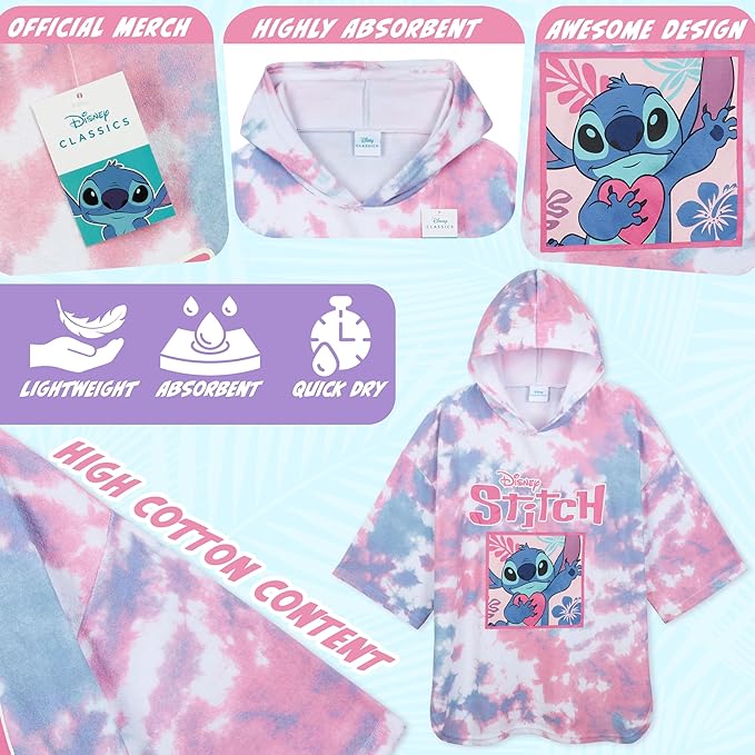 Disney Stitch Bath Towel with Hood for Kids Teenagers Absorbent Cozy Poncho Hooded Beach Towel Wrap for Beach Pool Swimming Bath Vacation Essentials (Pink/Blue Stitch, 10-13 Years)