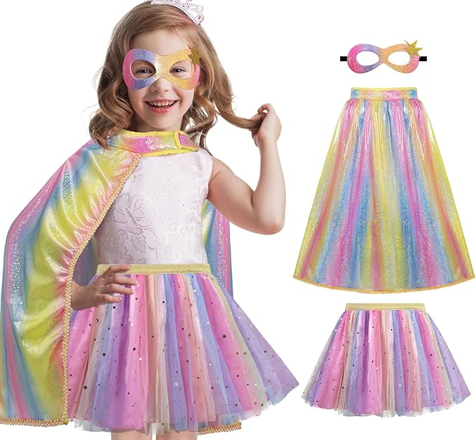 iROLEWIN Kids Superhero-Capes-Costumes for Girls Princess Dress-Up Fairy Cape Mask Tutu as Halloween Birthday Gifts Toys