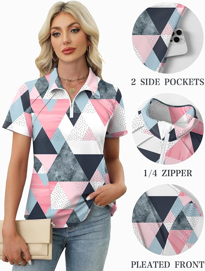 LOMON Womens Golf Polo Shirt Summer Short Sleeve Quarter Zip Outfit | Side-Pockets,Princess Seams,Cotton,Wrinkle Free,Moisture Wicking,Quick-Dry,Lightweight,Collared,for Tennis Workout