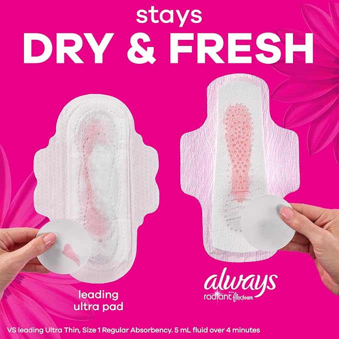 Always Radiant Feminine Pads for Women, Flexfoam Pads with Wings, Size 1, Regular Absorbency, Lightly Scented, 42 Count