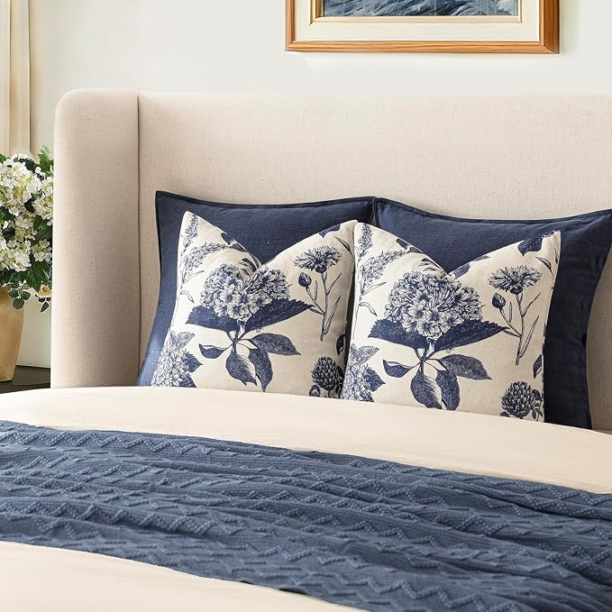 Foindtower Set of 2 Linen Floral Vintage Throw Pillow Covers Neutral Accent Print Decorative Cozy Cushion Covers Farmhouse Boho Home Decor for Sofa Chair Couch Bed Living Room,24×24 Inch,Navy Blue