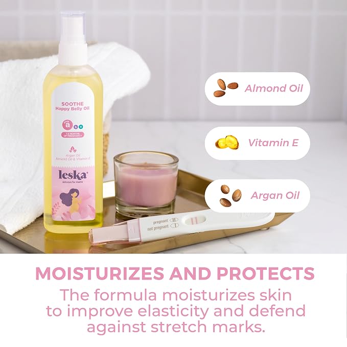 LESKA Maternity Stretch Mark Moisturizing Oil | STAGE A: SOOTHE Happy Belly Oil (Pregnancy Months 1-5) | Part of a Complete 3-Stage Pregnancy Skincare System | New Mom Gifts (4.22oz)