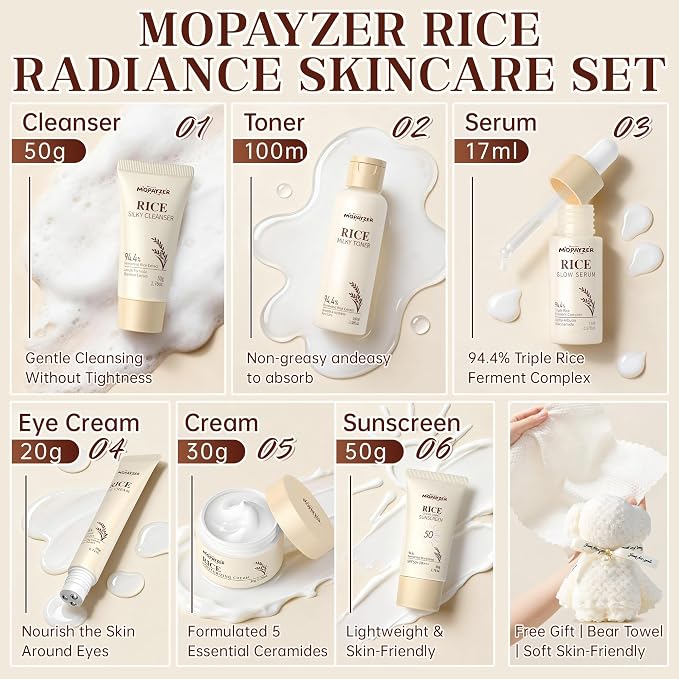 7PCS Rice Skincare Set Gift Box, Korean Skin Care Set for Women Teens Girls, Rice Cleanser Toner Serum Face Cream Eye Cream Sunscreen with Towel Bear Ornament, Hydrating Daily Face Care Kit