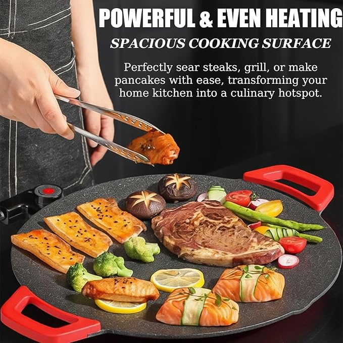 Non-Stick Electric Indoor Grill Pan - 1300w Portable Electric Korean Bbq Grill, Multifunctional Nonstick Smokeless Round Griddlewith Temperature Control,Include Oil Brush,Food Tongs