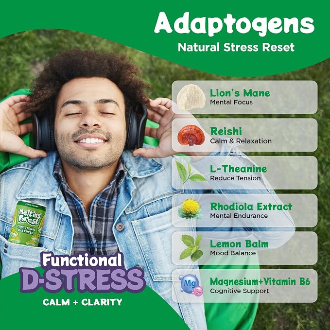 Melting Forest Functional Mushroom D-Stress - Adaptogen Drink with L-Theanine, Reishi, Lion's Mane & Magnesium - Relaxation Drinks for Stress Relief - Zero Sugar, 5 Calories - Yuzu Lime (12-Pack)