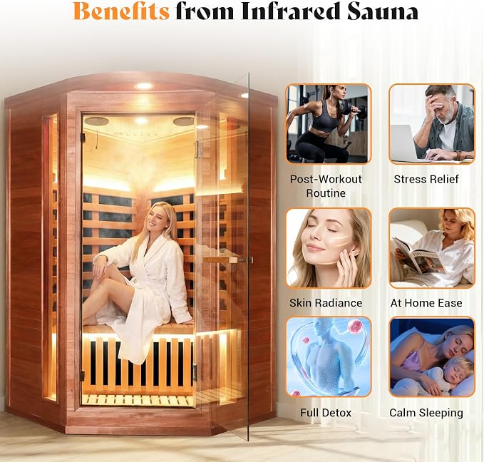 Sauna, Infrared Sauna for Home Far Infrared Saunas Room Corner Sauna for 1 Person Low-EMF Wood Dry Sauna with Speakers Oxygen Bar 7 Color Light 1300W Fast Heating Easy Assembly 37.4x37.4x70.9