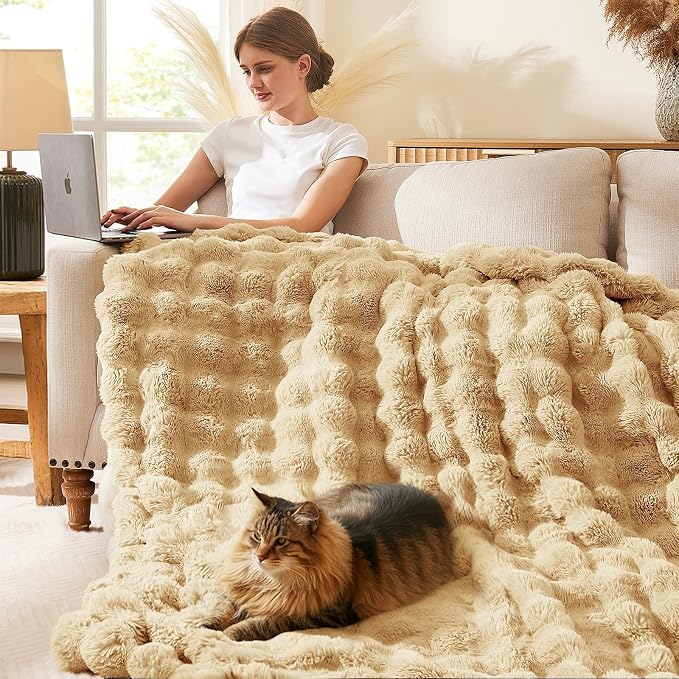 L'AGRATY Faux Rabbit Fur Throw Blanket for Couch, 50''x60'', Milk Tea Brown | Soft Cozy Bubble Fluffy Blanket for Sofa Bed, Thick Warm Plush Fuzzy Throw for Room Home Decor, Luxury Gift for Women Mom