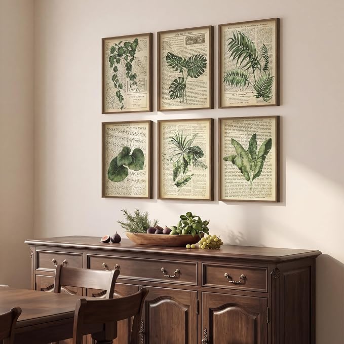 Framed Vintage Botanical Wall Art, Set of 6 Green Leaf and Fern Canvas Painting Prints, Rustic Farmhouse Plant Artwork for Living Room Bedroom Kitchen Dining Room Office Apartment Decor, 11x14 Inch