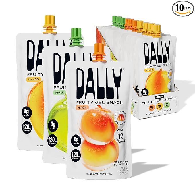 Dally Variety Konjac Jelly, Mango Peach Apple, 10 Pouches, Fruit Snack | Sugar free, keto and gluten free; prebiotics, postbiotics and vitamin C for skin and immune health